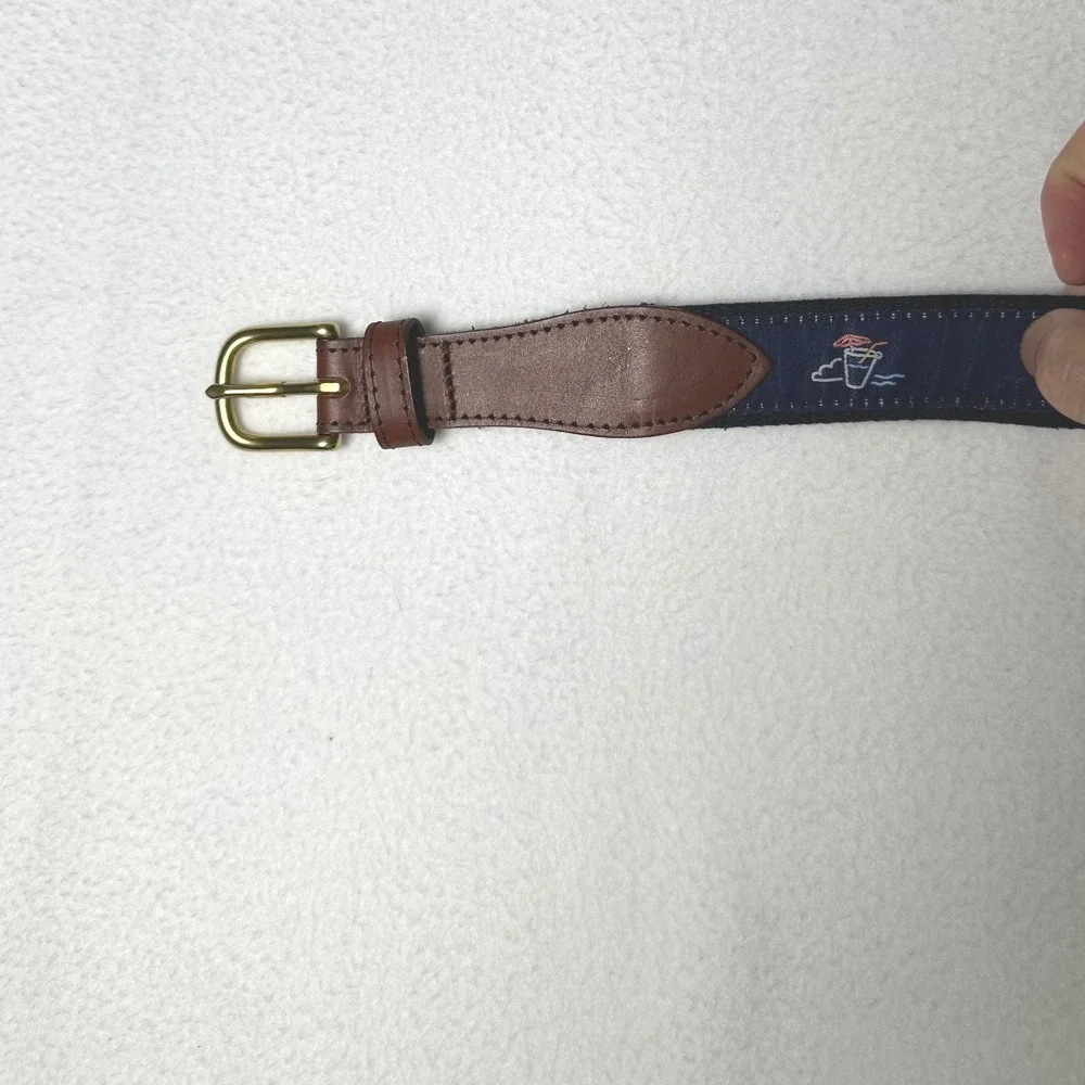 Chubbies Embroidered Surcingle Canvas Belt Navy Brown Leather Tropical Size 32